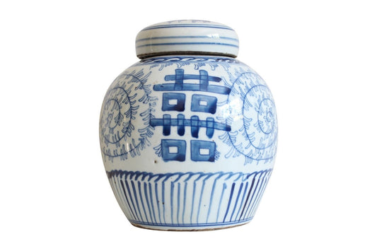 Blue and White Porcelain Double Happiness Ginger Jar Lotus Motif 6"