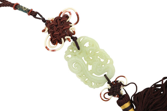 Beautiful Jade Dragon Talisman Brown Tassel 14" Length