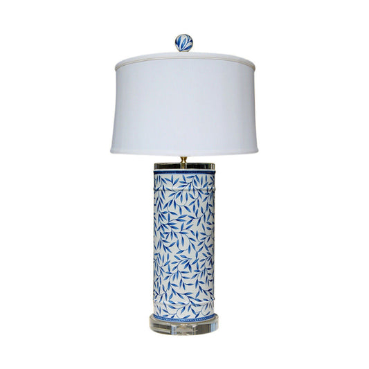 Blue and White Cylindrical Floral Leaf Porcelain Vase Table Lamp 29"