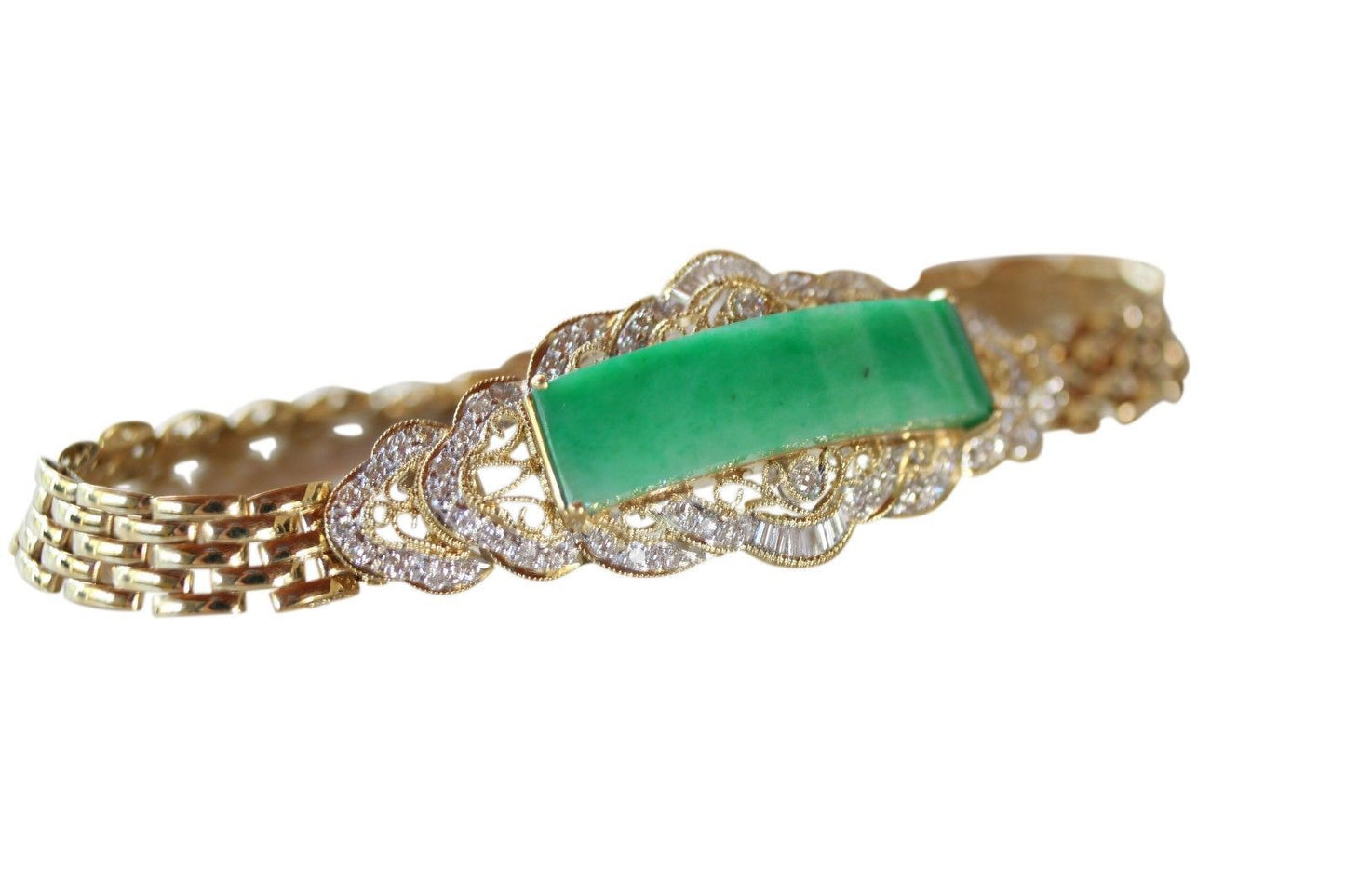 Imperial Jade Jadeite Grade A Untreated 18K Gold Bracelet 0.72ct Diamonds 6.75in