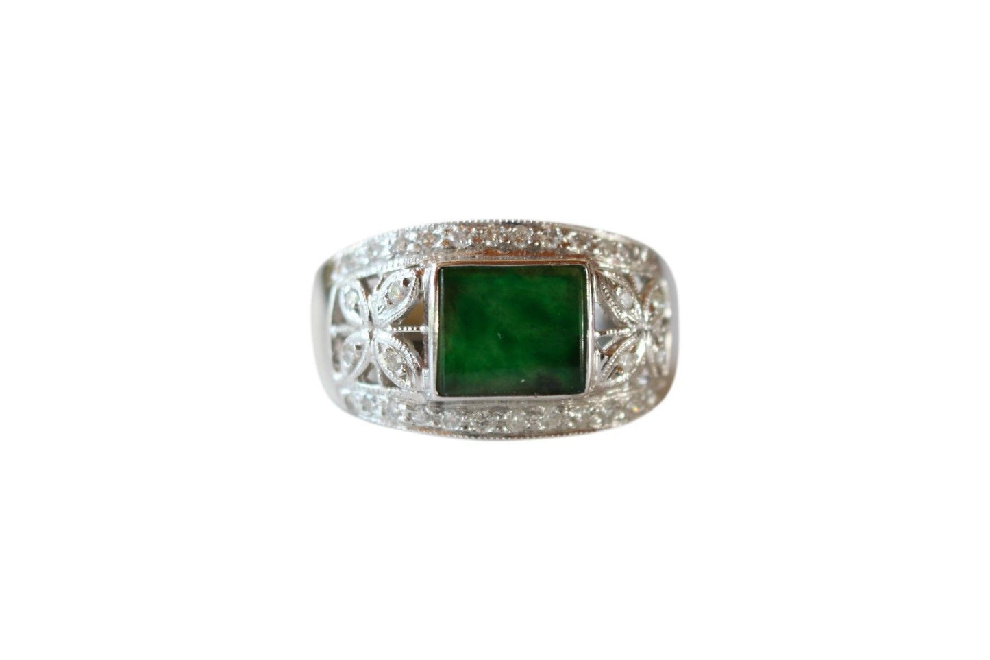 Fine Size 6.5 Rectangular Imperial Jade Ring with 0.32ct Diamonds 18K Gold Band