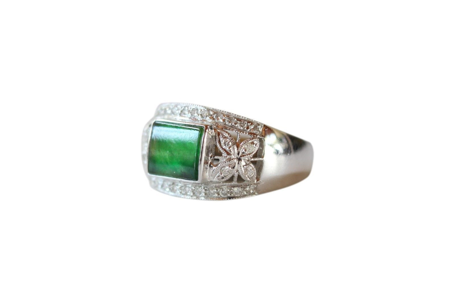 Fine Size 6.5 Rectangular Imperial Jade Ring with 0.32ct Diamonds 18K Gold Band