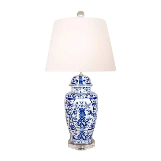 Beautiful Blue and White Porcelain Temple Jar Floral Chinoiserie Table Lamp 30"