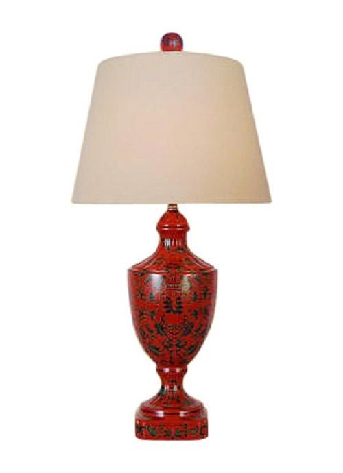 Chinese Red Lacquer Porcelain Jar Table Lamp with Shade and Finial 28"