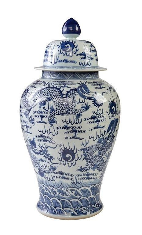 Decorative Blue and White Porcelain Lidded Temple Jar Dragon Motif 29"