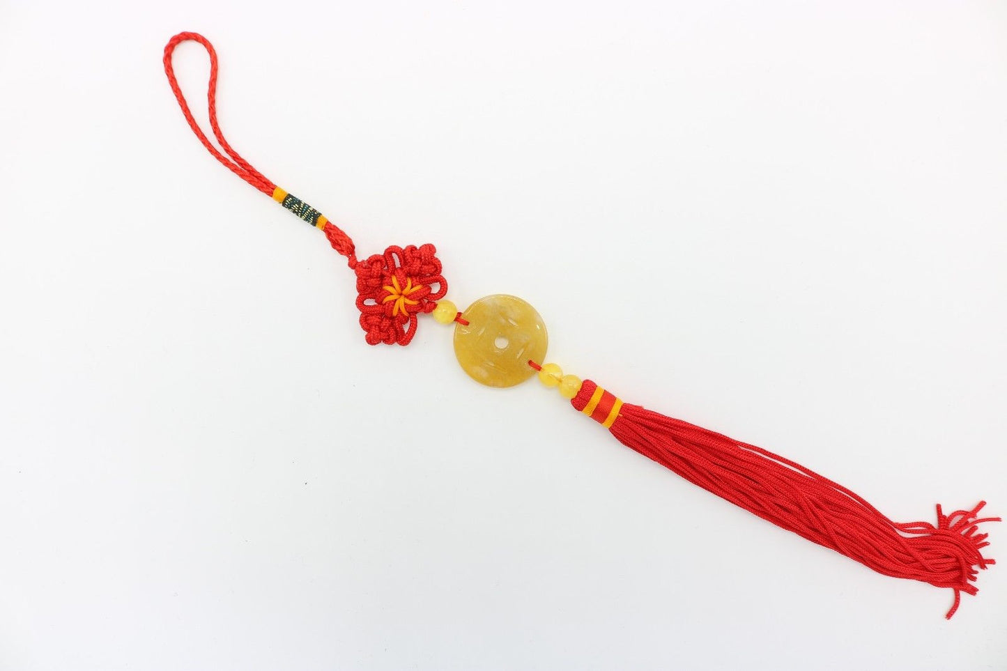 Cute Yellow Stone Beaded Coin Red Tassel 11" Length