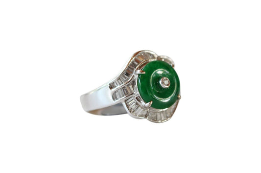 Fine Size 7.25 Round Imperial Jade Ring with 0.615ct Diamonds 18K Gold Band