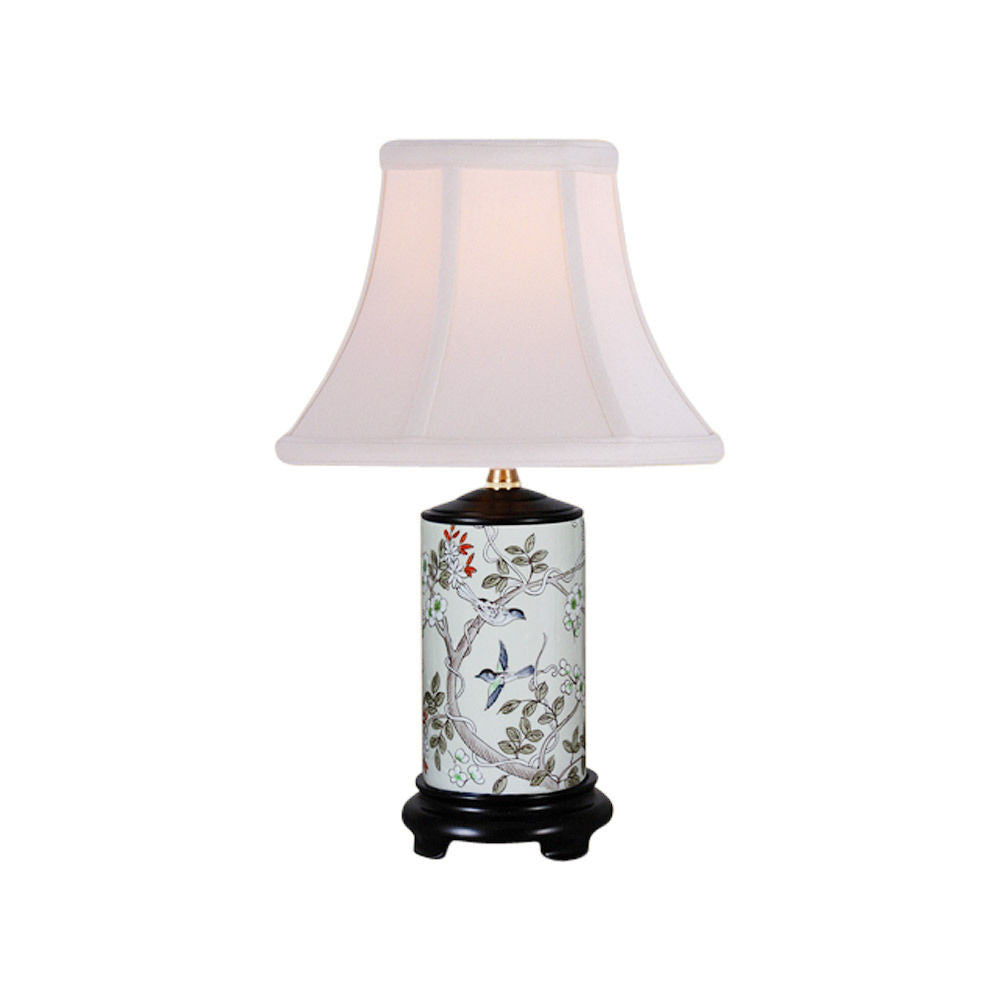 Bird in Tree Motif Cylindrical Porcelain Vase Table Lamp 15"