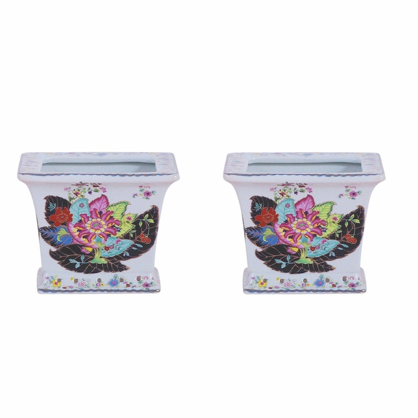 Beautiful Pair Tobacco Leaf Motif Square Porcelain Flower Pot 6"