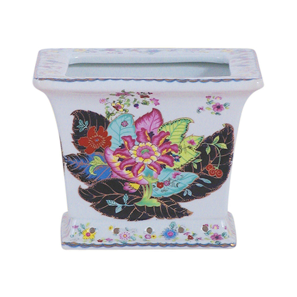 Beautiful Pair Tobacco Leaf Motif Square Porcelain Flower Pot 6"