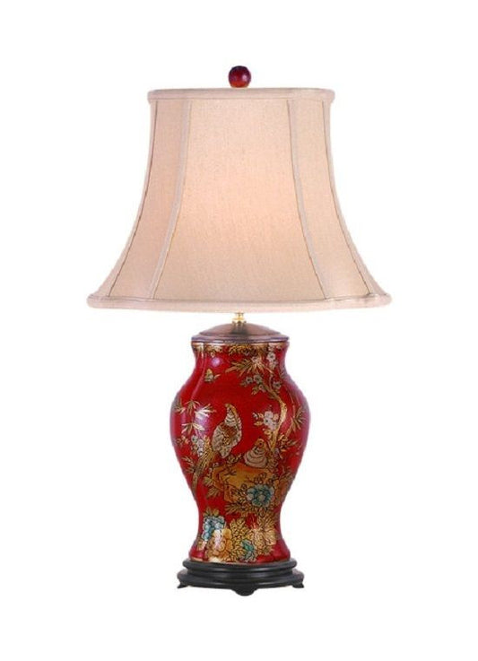 Chinese Red Lacquer Porcelain Vase Bird Table Lamp Shade and Finial 27"