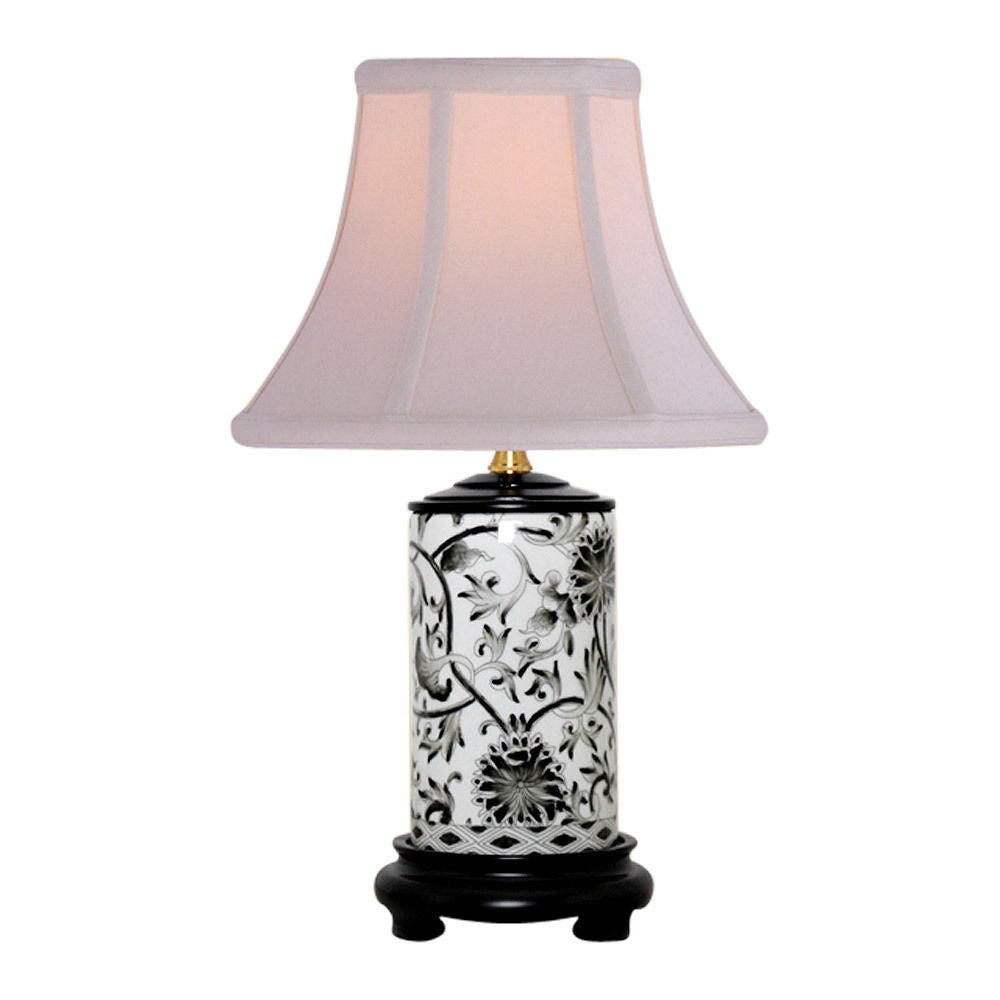 Black and White Tapestry Cylindrical Porcelain Vase Table Lamp 15"