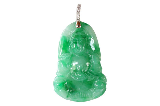 Untreated Imperial Jadeite Kwan Yin Pendant 18K Gold .05ct di