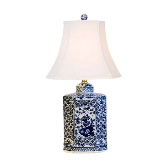 Beautiful Blue and White Porcelain Hexagonal Tea Caddy Table Lamp Floral 20.5"