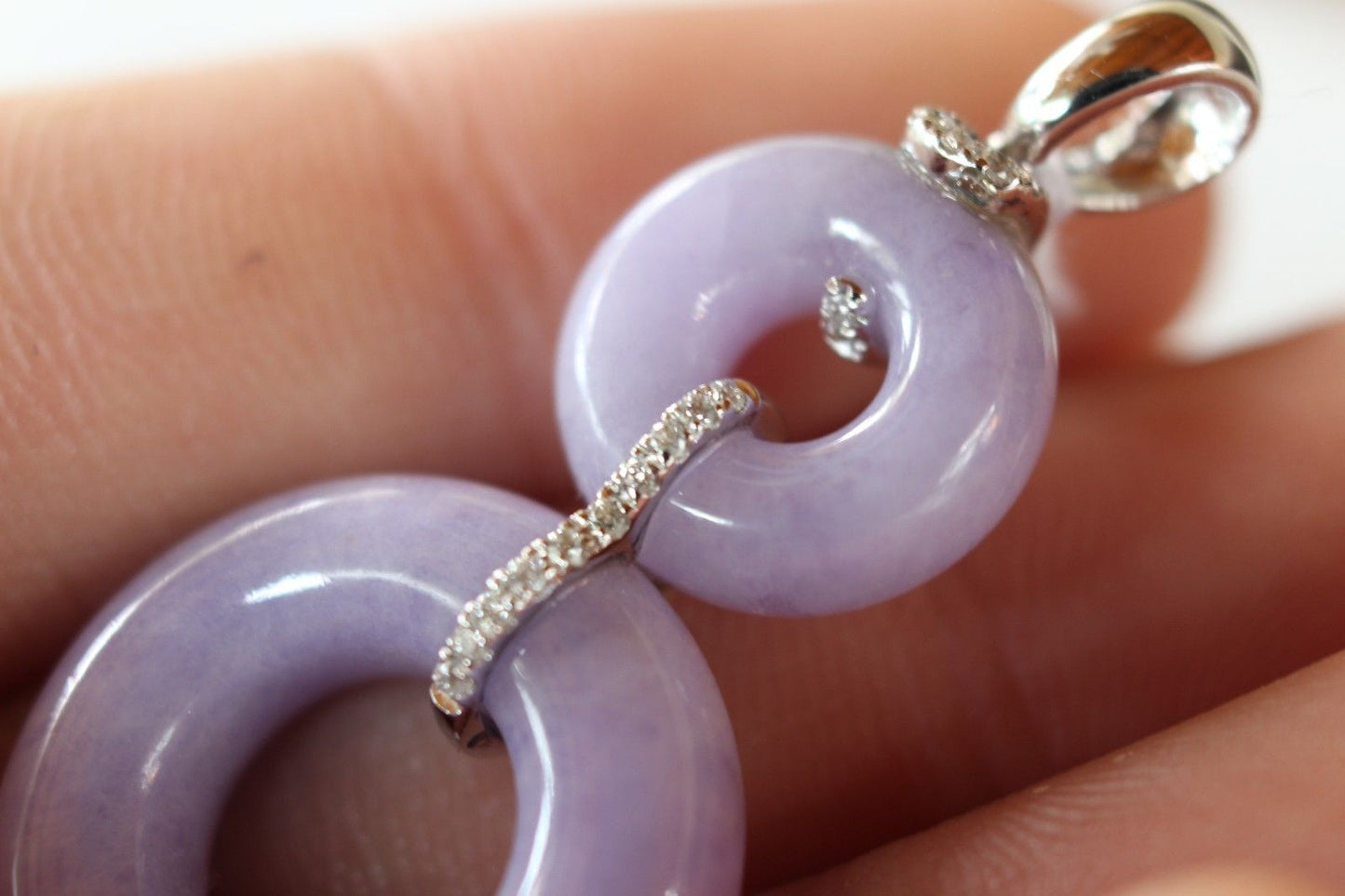 Grade A Lavender Jadeite Hoop Pendant 0.08 carat Diamonds 18K Gold