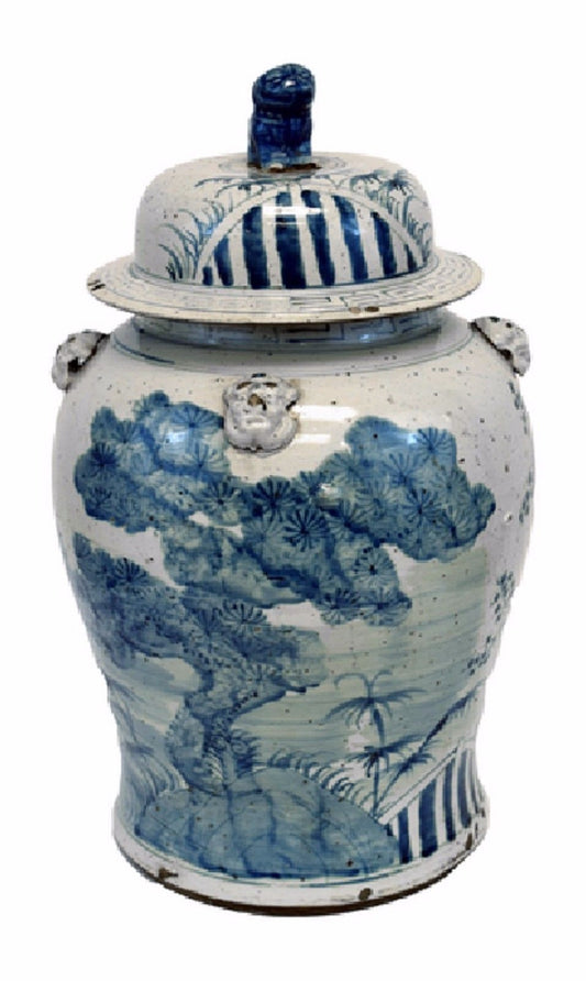 Vintage Style Blue and White Floral Tree Motif Porcelain Temple Jar 23"