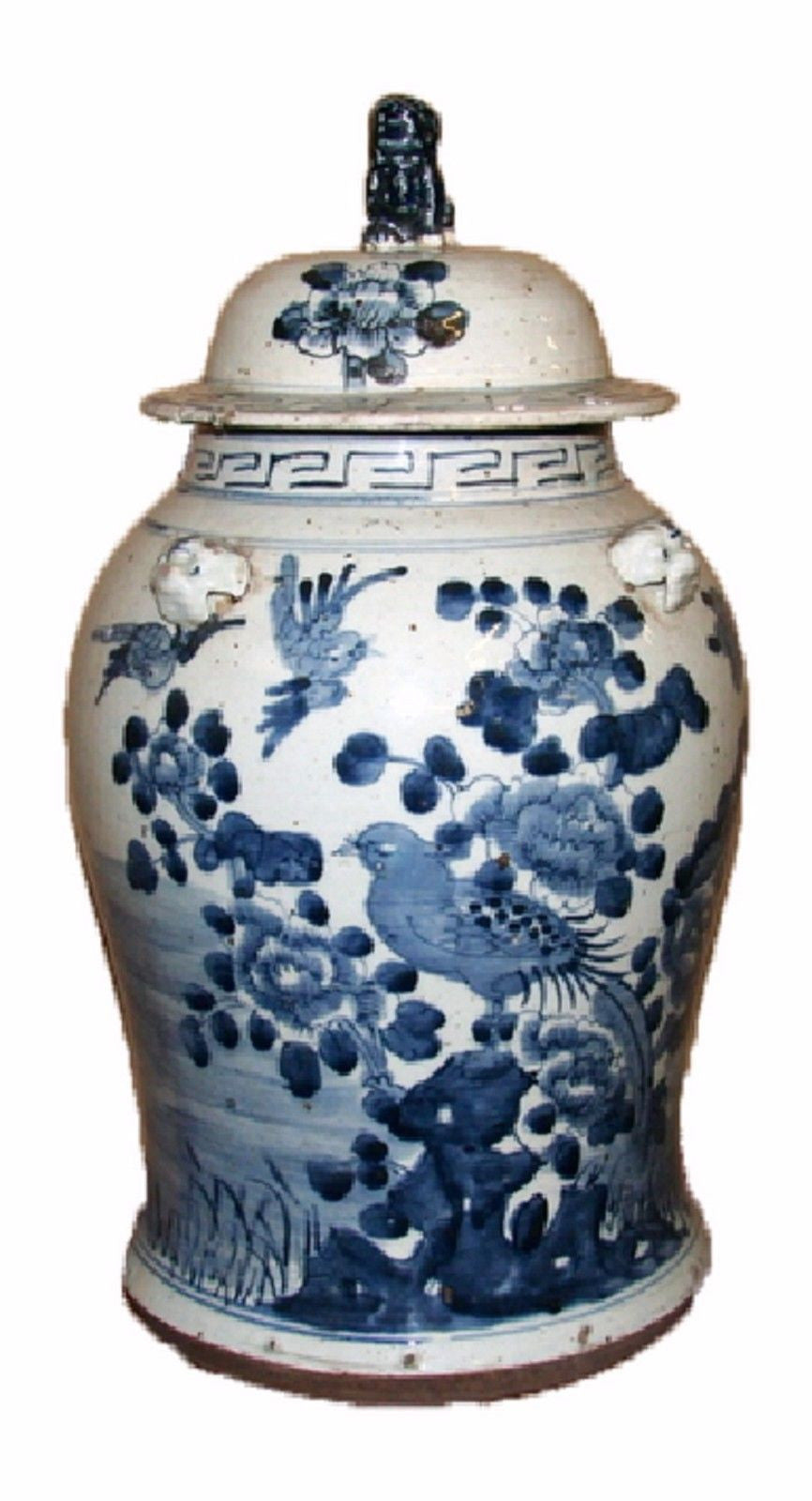 Vintage Style Blue and White Floral Bird Motif Porcelain Temple Jar 19"