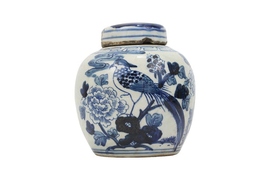 Beautiful Antiqued Style Blue and White Porcelain Bird Motif Cover Jar 6"