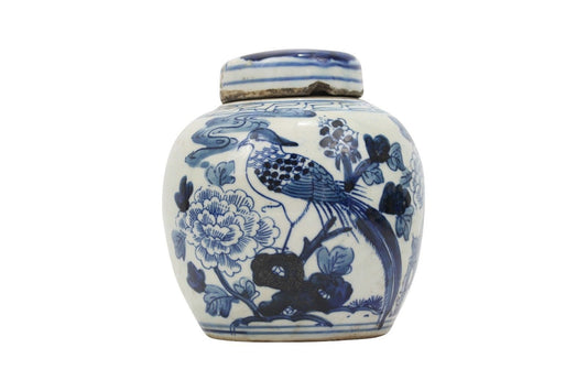 Beautiful Antiqued Style Blue and White Porcelain Bird Motif Cover Jar 6" no