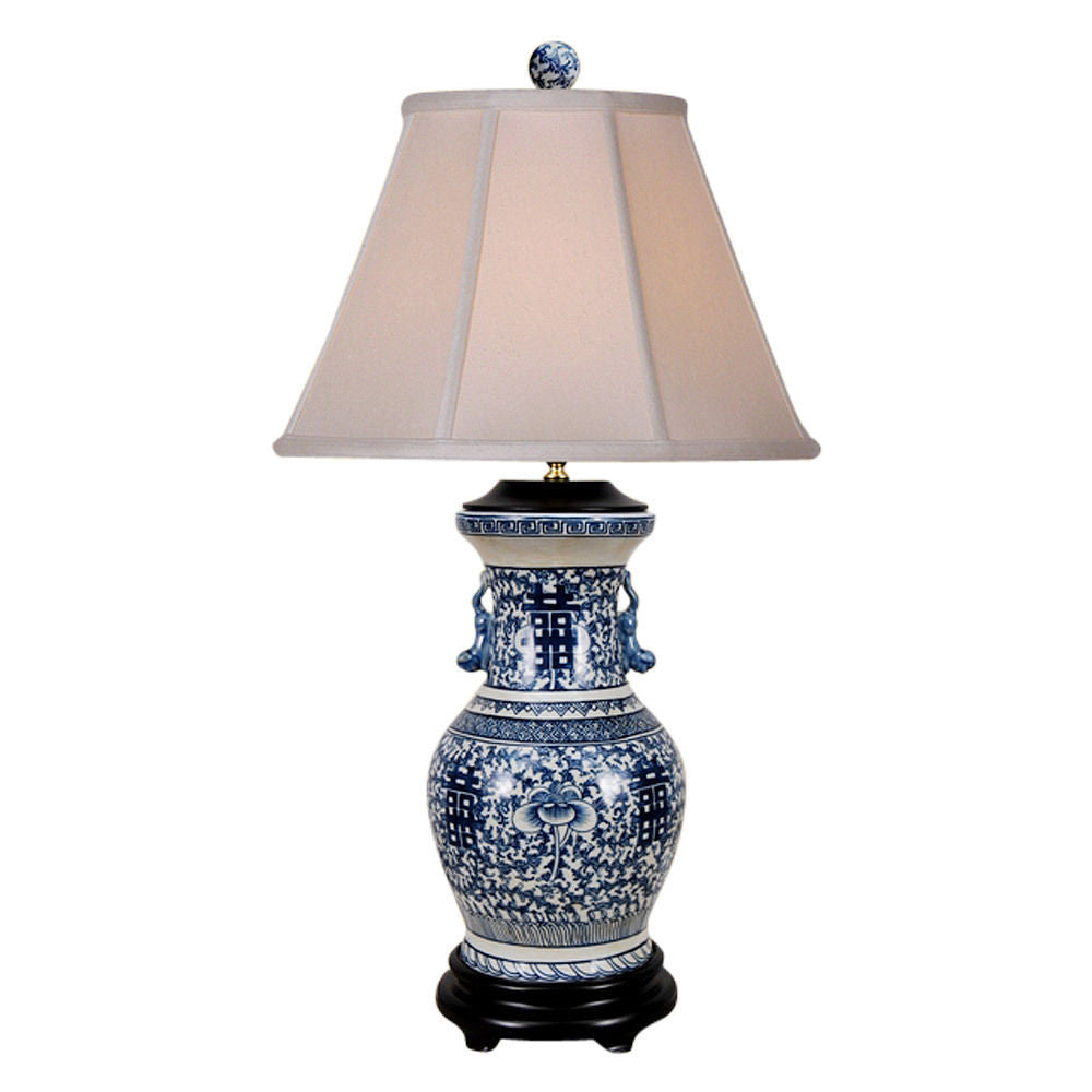 Beautiful Blue and White Porcelain Double Happiness Vase Table Lamp 30.5"