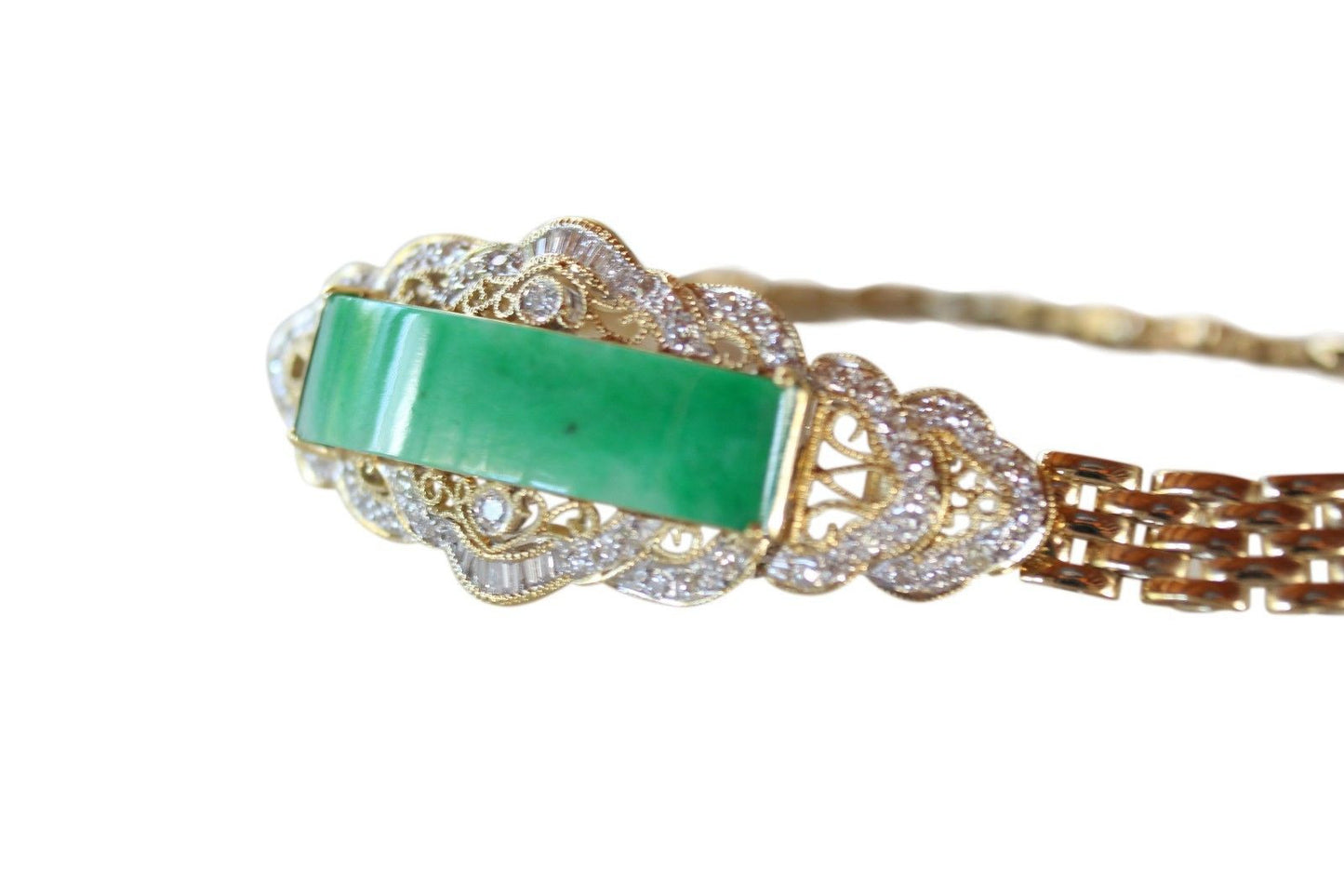 Imperial Jade Jadeite Grade A Untreated 18K Gold Bracelet 0.72ct Diamonds 6.75in
