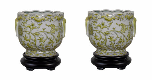 Pair Round Scallop Rim Green and White Lotus Porcelain Pot Wooden Base 7"