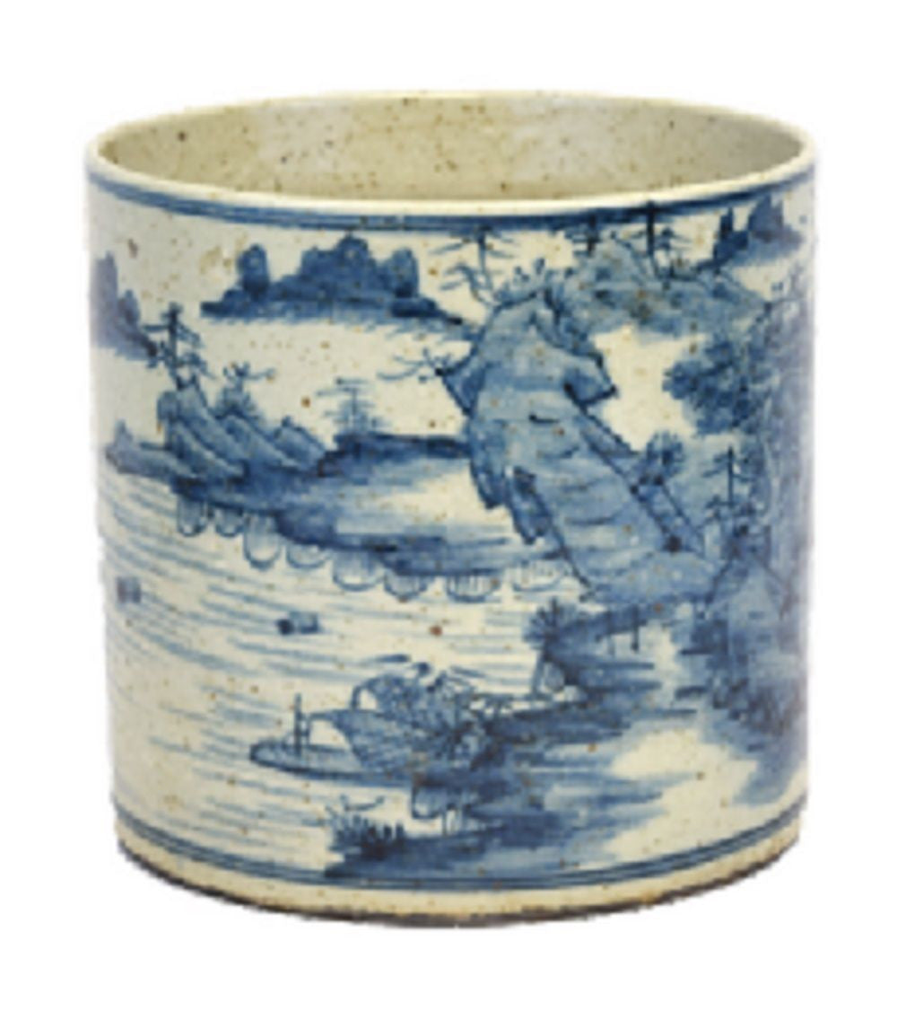 Vintage Style Blue and White Porcelain Landscape Motif Flower Pot 8"