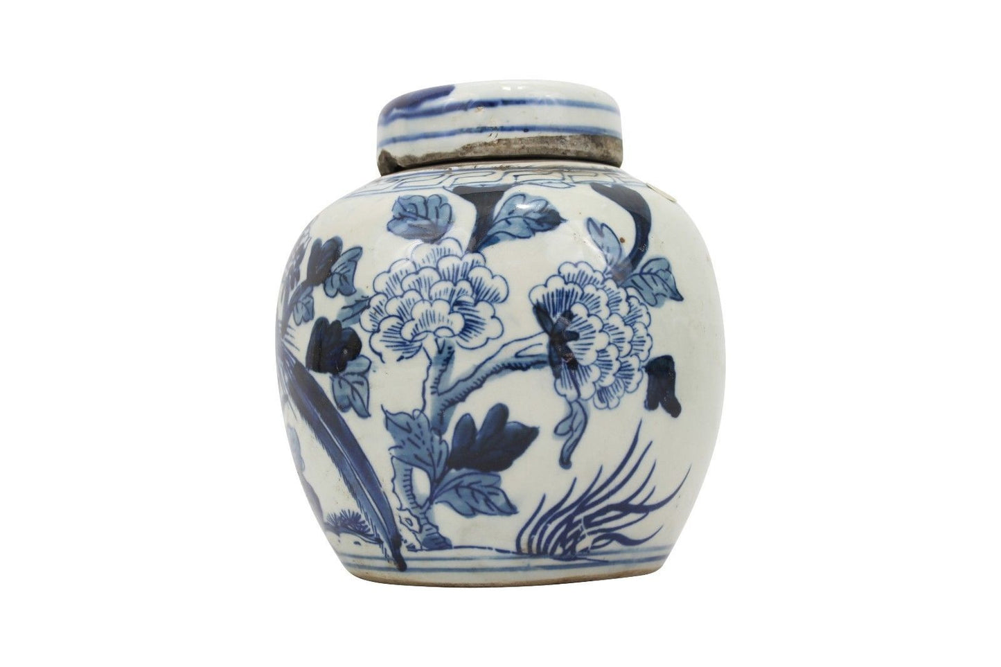 Beautiful Antiqued Style Blue and White Porcelain Bird Motif Cover Jar 6" no