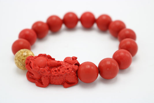 Beautiful Cinnabar Red Colored Wooden Bracelet Foo Dog Gold Ball Bead