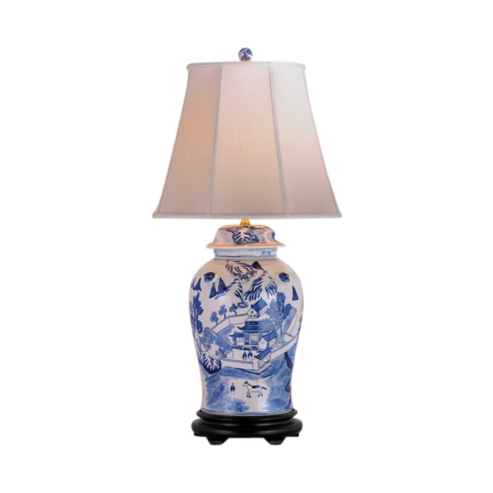 Blue and White Blue Willow Porcelain Temple Jar Table Lamp 33"