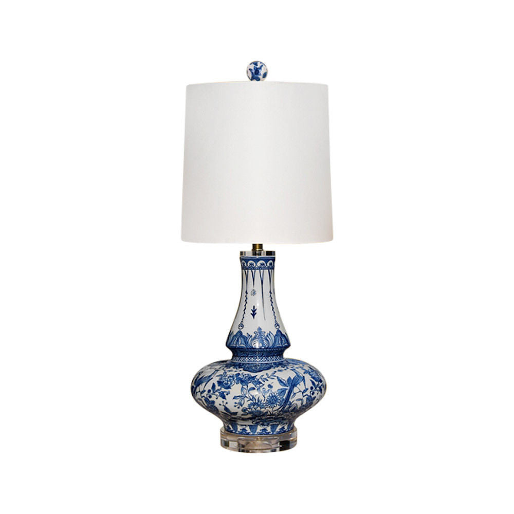 Beautiful Blue and White Porcelain Bird Motif Gourd Vase Table Lamp 27"