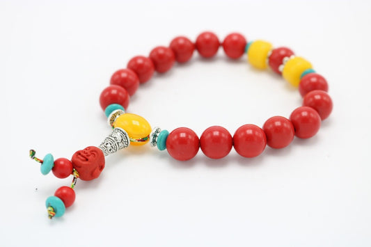 Beautiful Red Colored Wooden Bracelet Buddha Head with Yellow Stones