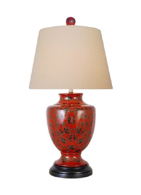 Chinese Red Lacquer Porcelain Vase Table Lamp Shade and Finial 28.5"