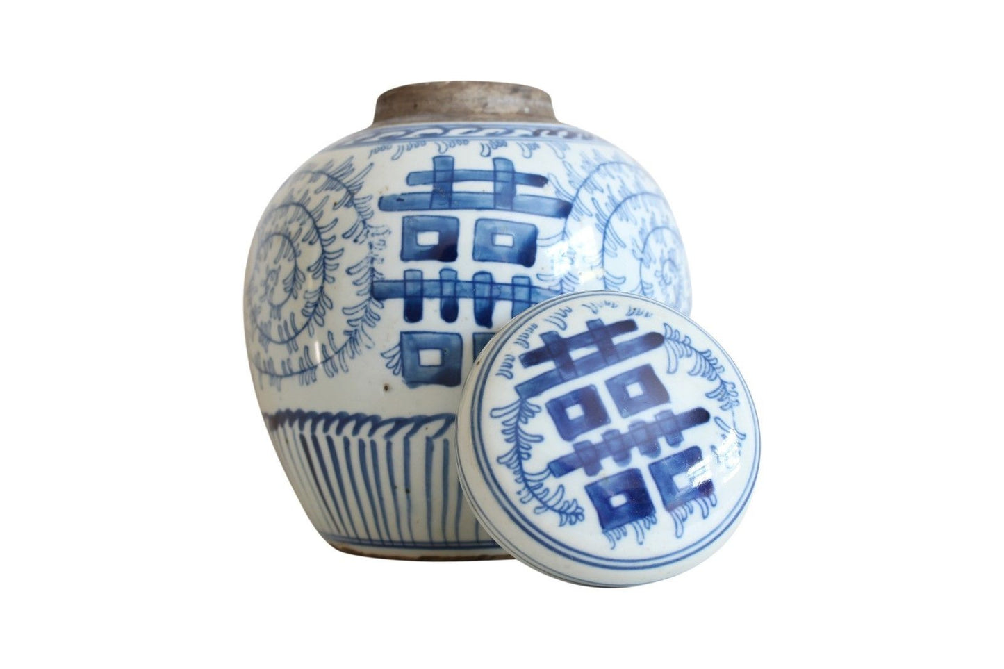 Blue and White Porcelain Double Happiness Ginger Jar Lotus Motif 6"