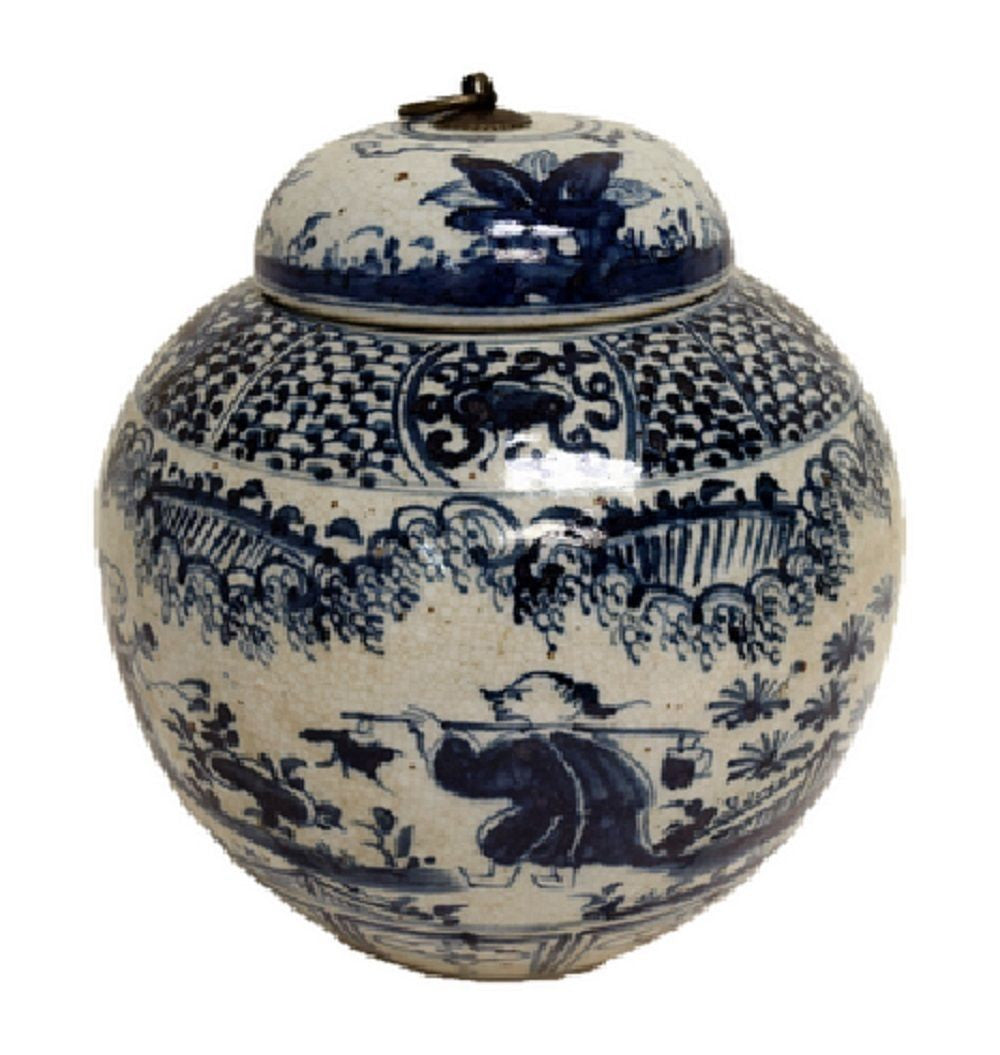 Vintage Style Blue and White Porcelain Lidded Ginger Jar Fisherman Motif 10"
