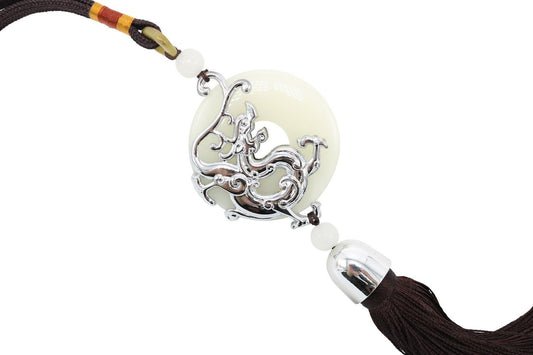 Beautiful Jade Round Coin with Silver Color Dragon Brown Tassel 14"