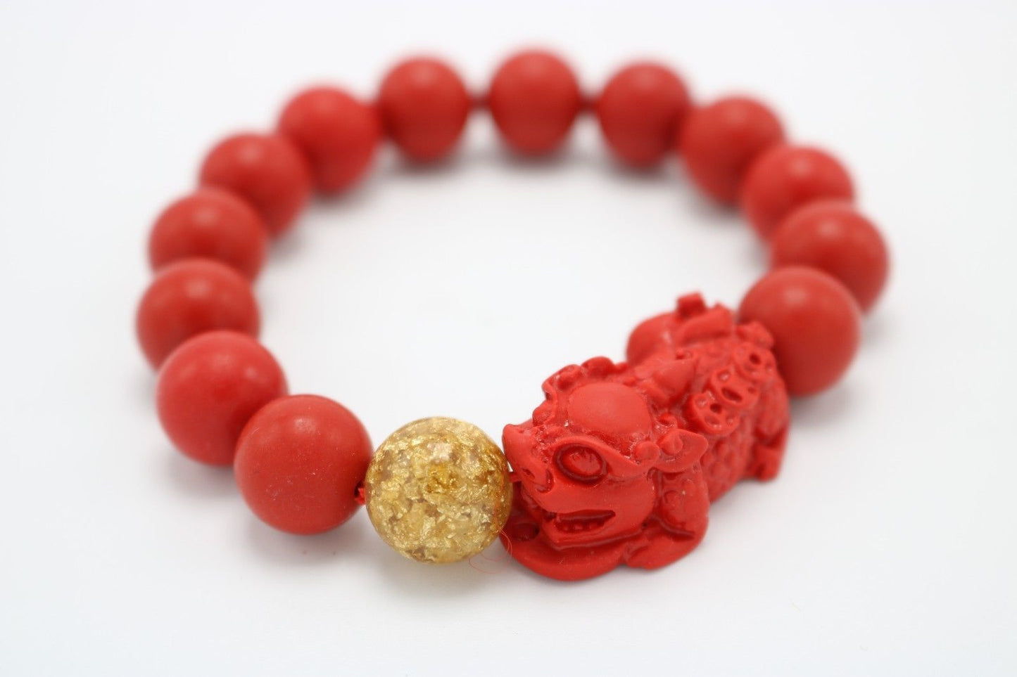 Beautiful Cinnabar Red Colored Wooden Bracelet Foo Dog Gold Ball Bead