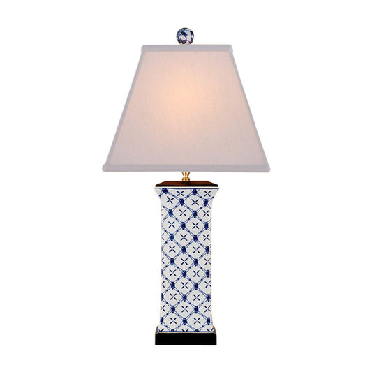 Blue and White Geometric Square Porcelain Vase Table Lamp 28"