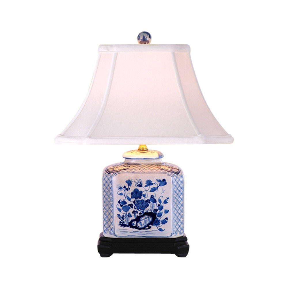 Blue and White Square Floral Porcelain Vase Table Lamp 19"