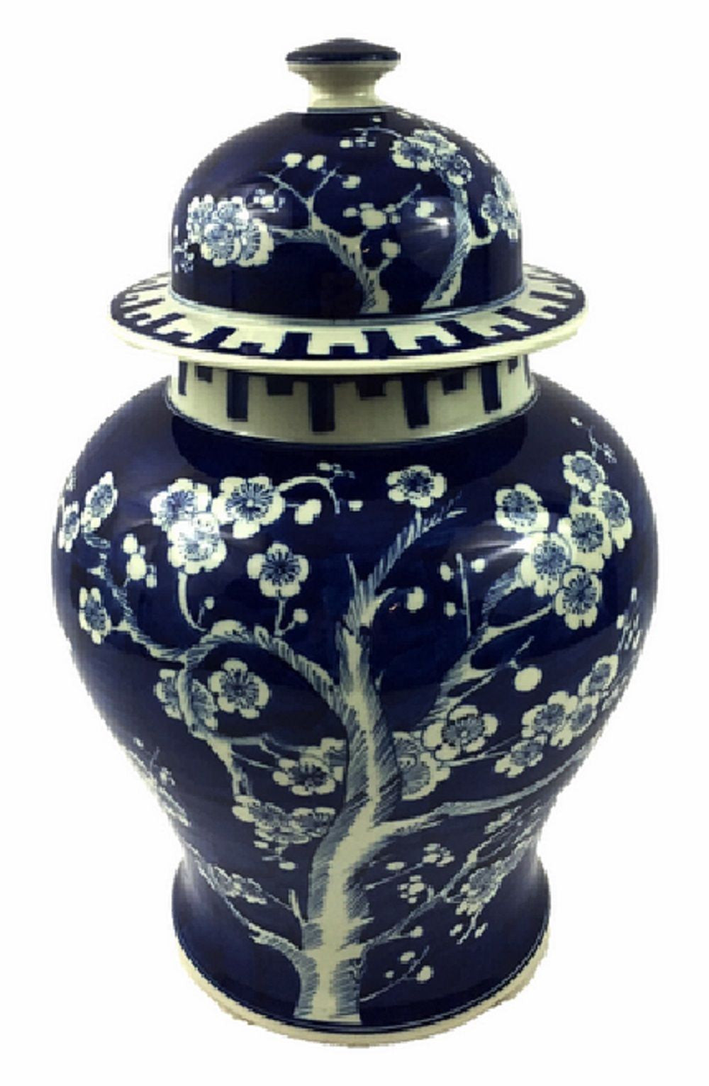 Vintage Style Blue and White Cherry Blossom Temple Jar 14"