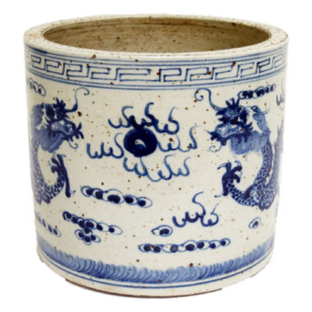 Blue and White Porcelain Dragon Motif Flower Pot 8"