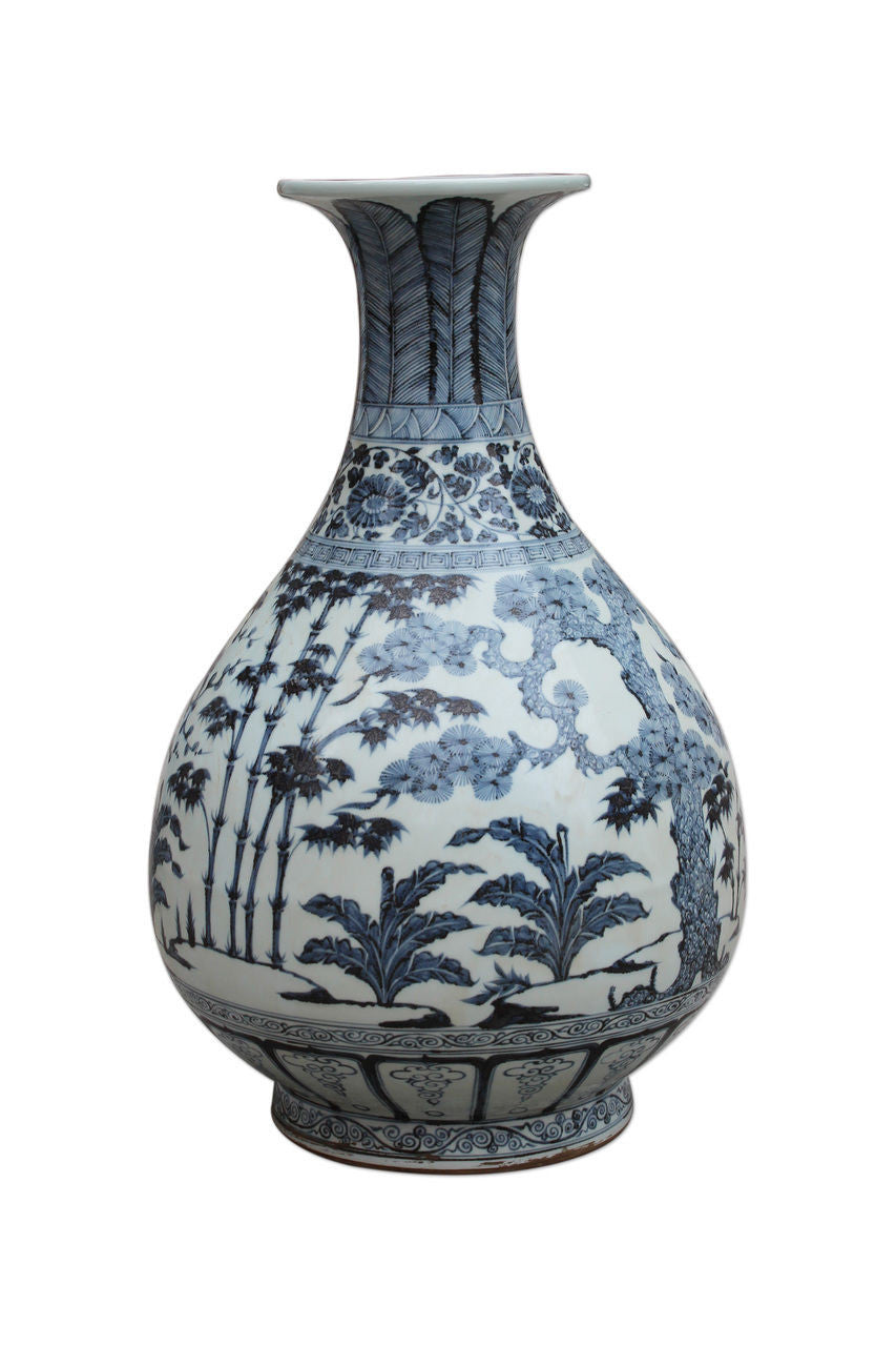 Beautiful Blue and White Ming Pear Shaped Porcelain Vase Bamboo Plum Motif 23"