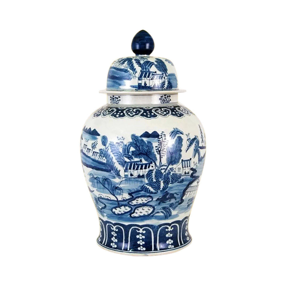 Beautiful Blue and White Porcelain Chinoiserie Village Scene Temple Jar 30"