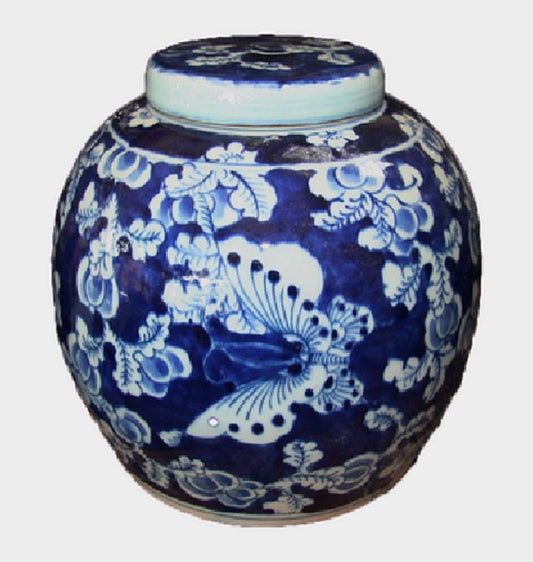 Vintage Style Blue and White Porcelain Lidded Ginger Jar Butterfly Motif 9"