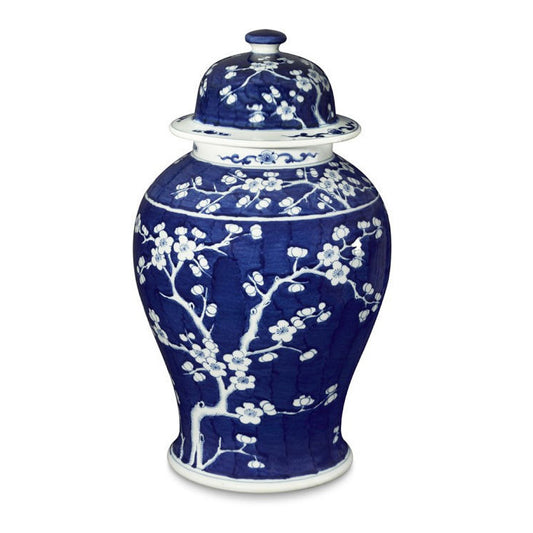 Decorative Blue and White Porcelain Plum Tree Cherry Tree Lidded Temple Jar 21"