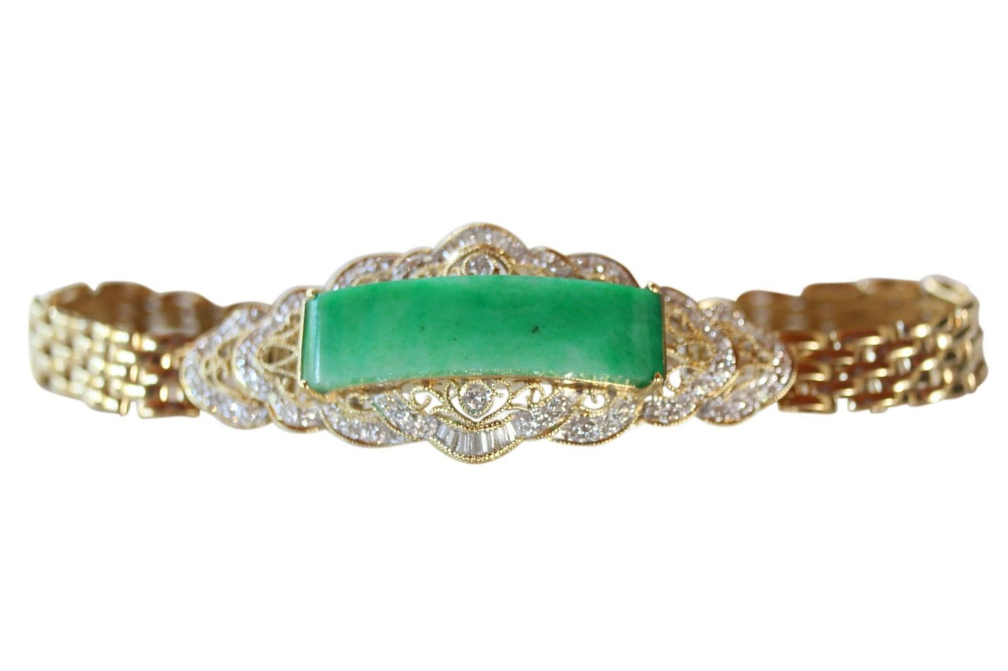 Imperial Jade Jadeite Grade A Untreated 18K Gold Bracelet 0.72ct Diamonds 6.75in