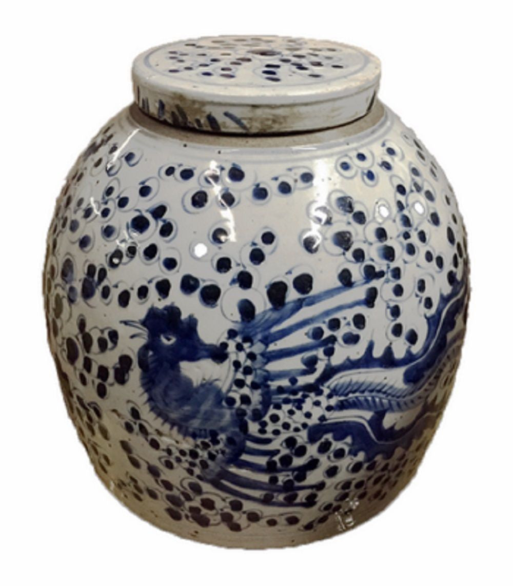 Vintage Style Blue and White Porcelain Lidded Ginger Jar Phoenix Motif 11"