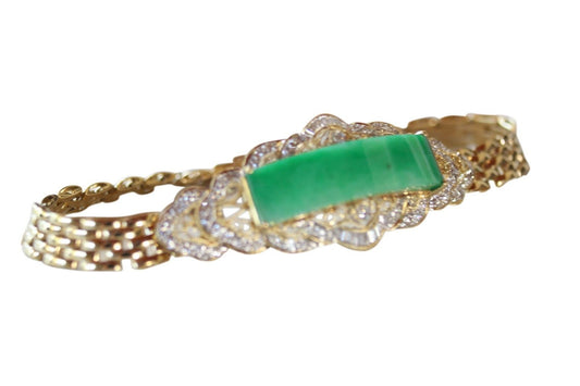 Imperial Jade Jadeite Grade A Untreated 18K Gold Bracelet 0.72ct Diamonds 6.75in