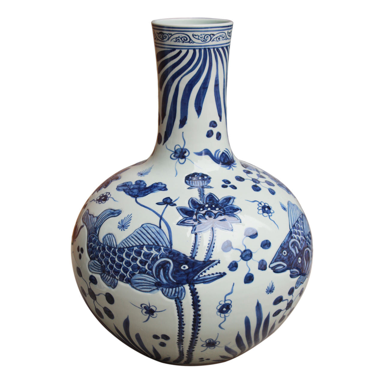 Beautiful Blue and White Fish Motif Emobssed Porcelain Globular Vase 21.5"