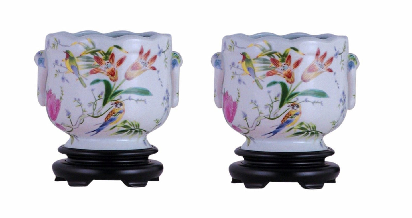 Pair of Round Scallop Rim Bird and Floral Porcelain Pot Wooden Base 7"